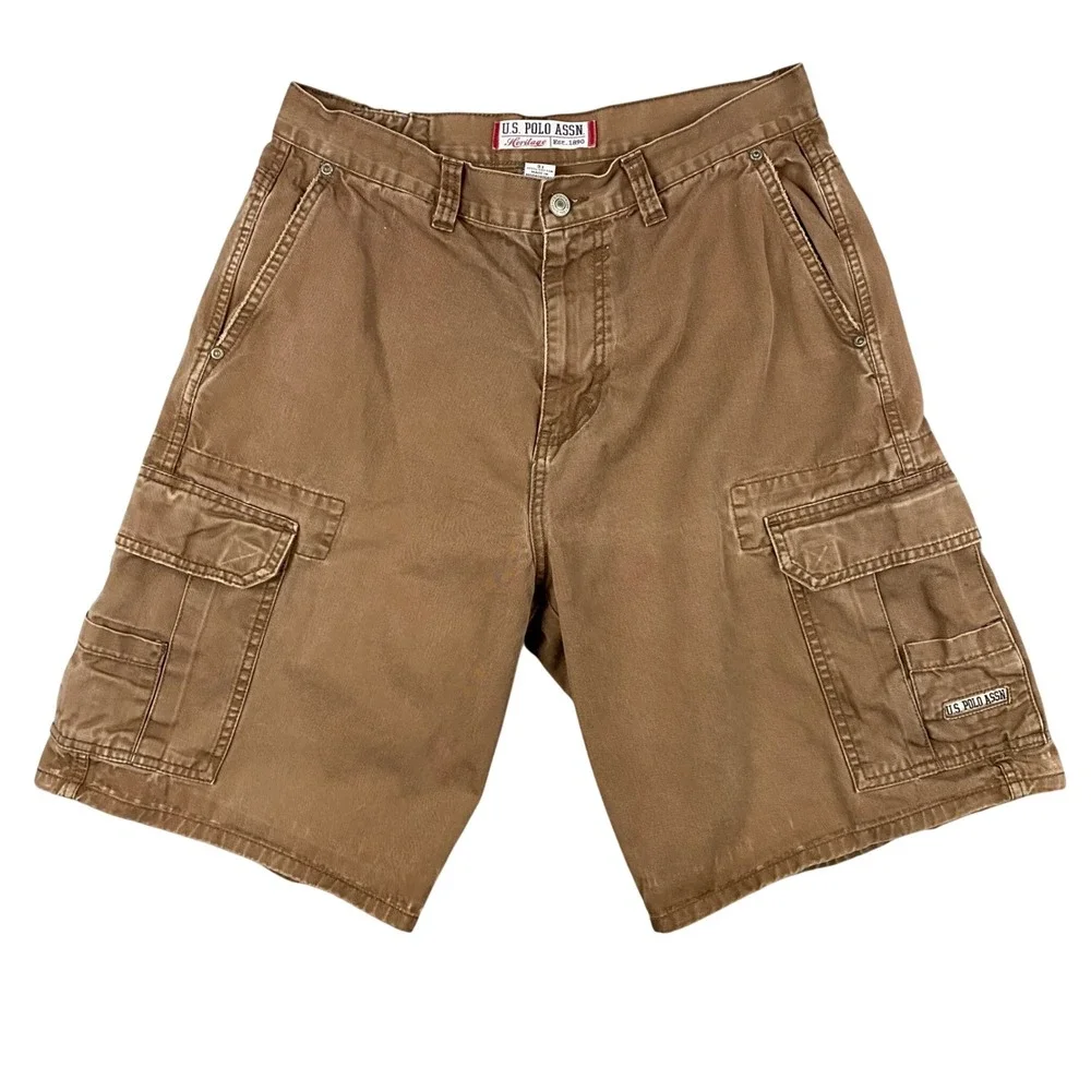 US Polo Assn Heritage Mens Cargo Shorts Tan‎ Size 31 Cotton Utility Pocket Y2K